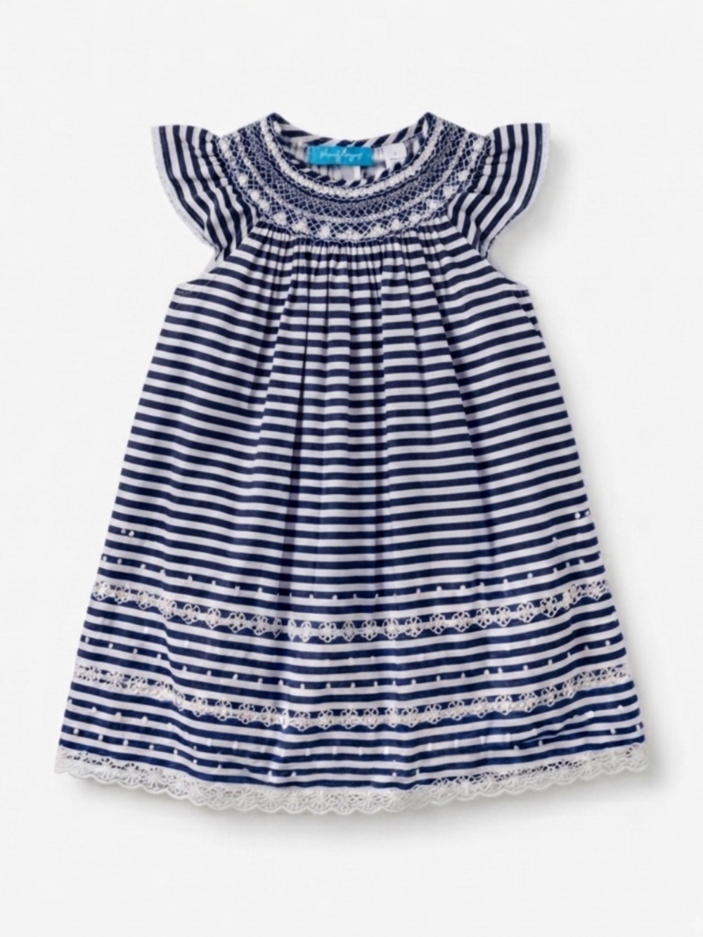 1990s Anavini Hand Smocked Navy & White Striped Dress with Eyelet Trim